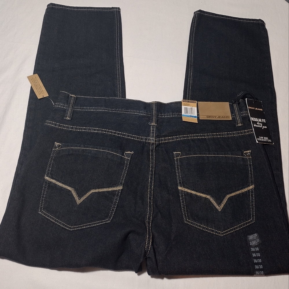 DKNY Bleeker Dark Blue Wash Regular Fit Low Rise Straight Leg Jeans - Picture 8 of 16